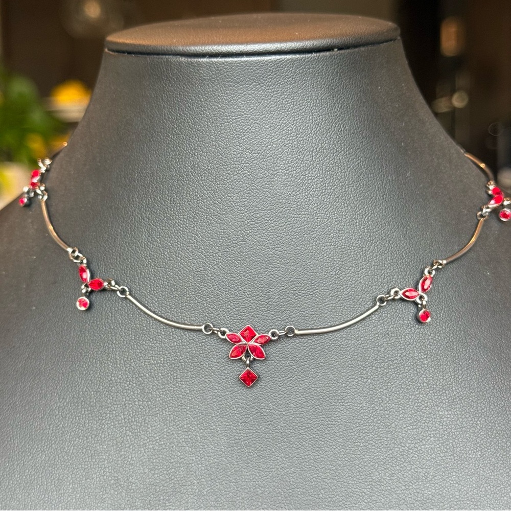 Vintage Givenchy Red Crystal Station Set Adjustable Gun Metal Color 18” Necklace